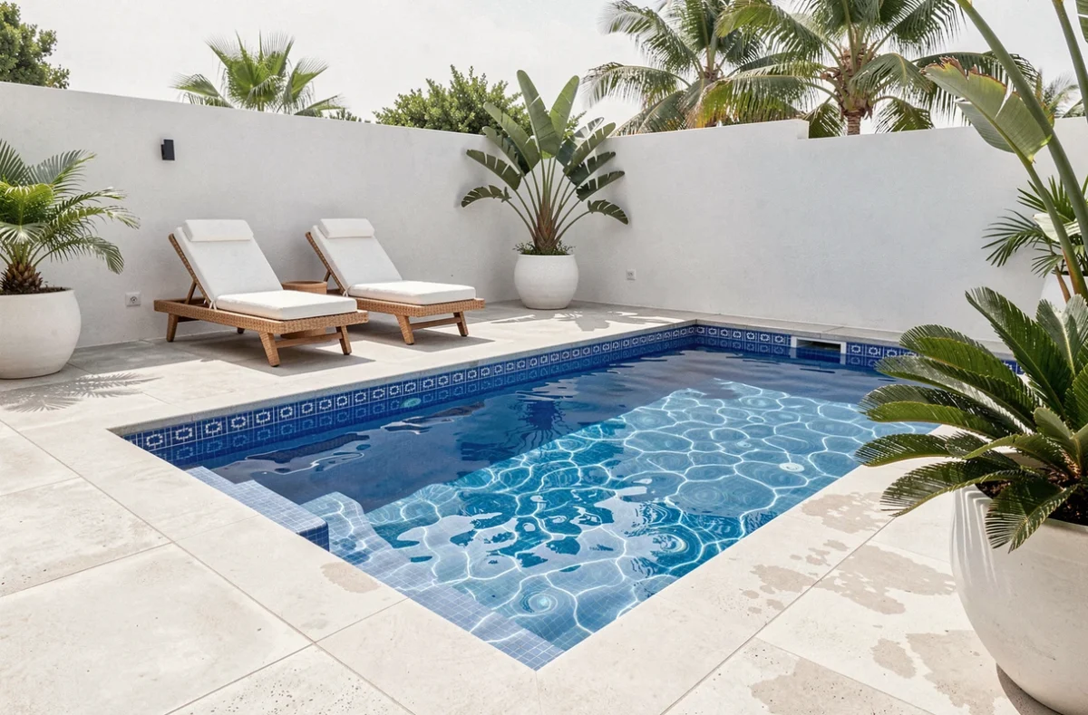 Piscine style Ibiza avec carrelage mosaïque bleu cobalt, terrasse en béton poli et plantes méditerranéennes dans une villa du sud de la France