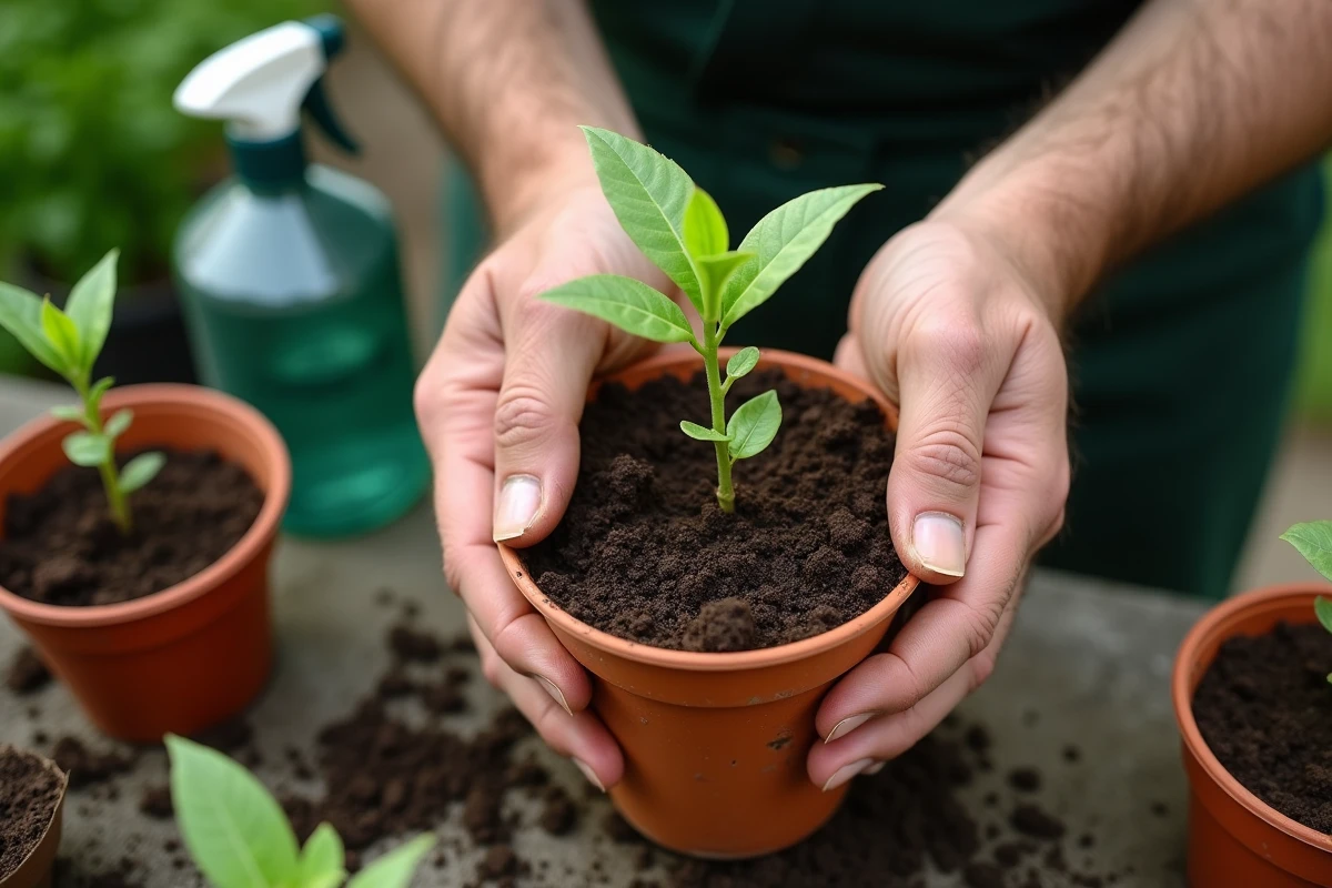 Mains masculines plantant une bouture de vigne vierge dans un pot en terre cuite rempli de terreau humide dans une serre