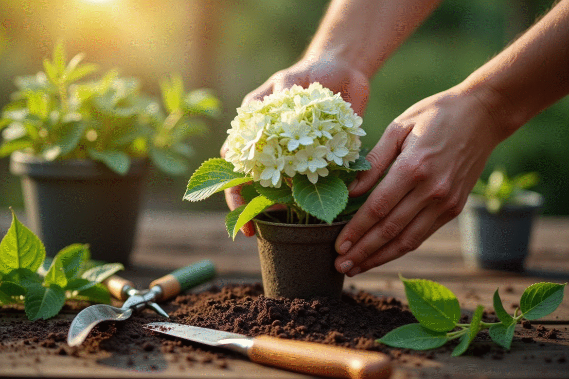 Main posant une hortensia fraîche dans un pot avec terre