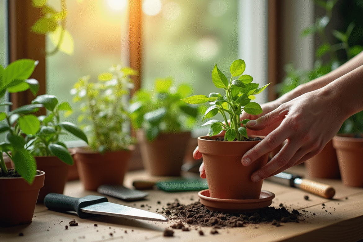 Main plantant un pothos dans un pot en terre cuite