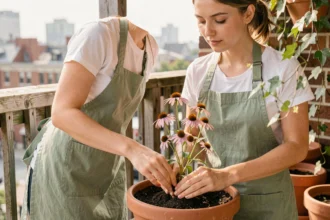 Jeune femme débutante en jardinage qui plante une Echinacea dans un pot en terre cuite sur un balcon urbain