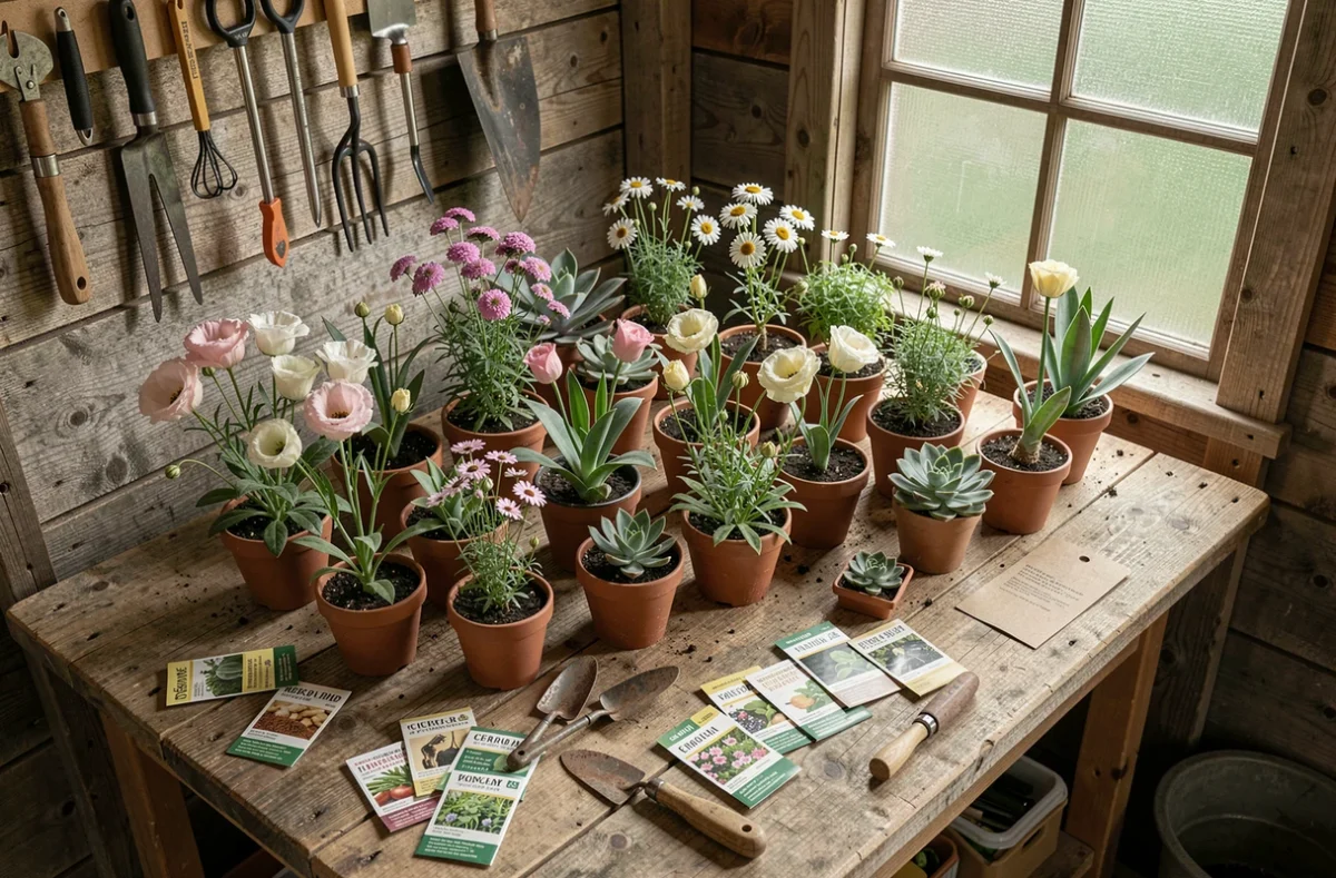 Établi de jardinage en bois avec des plantes faciles à cultiver commençant par E, dont Eustoma et Erigeron, dans un cabanon rustique