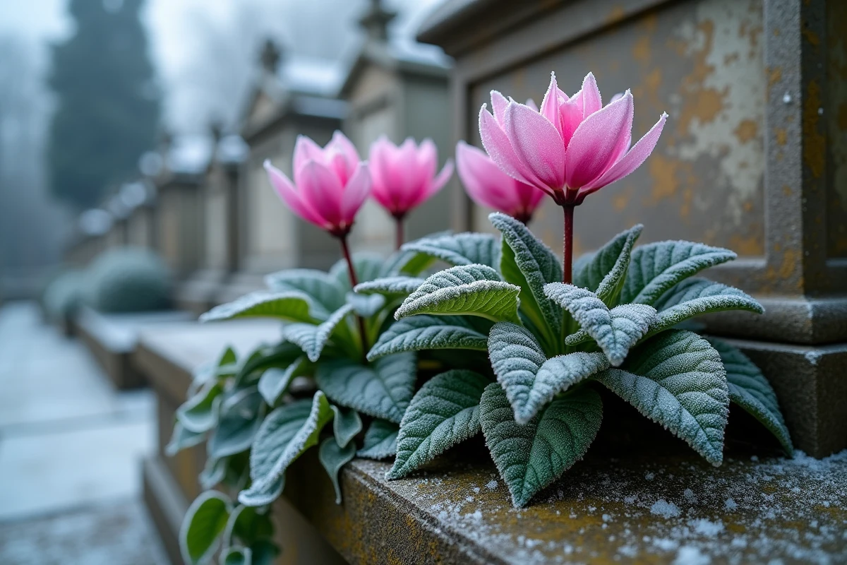Arrangement de plantes résistantes au gel sur une tombe de cimetière en hiver avec cyclamen et lierre