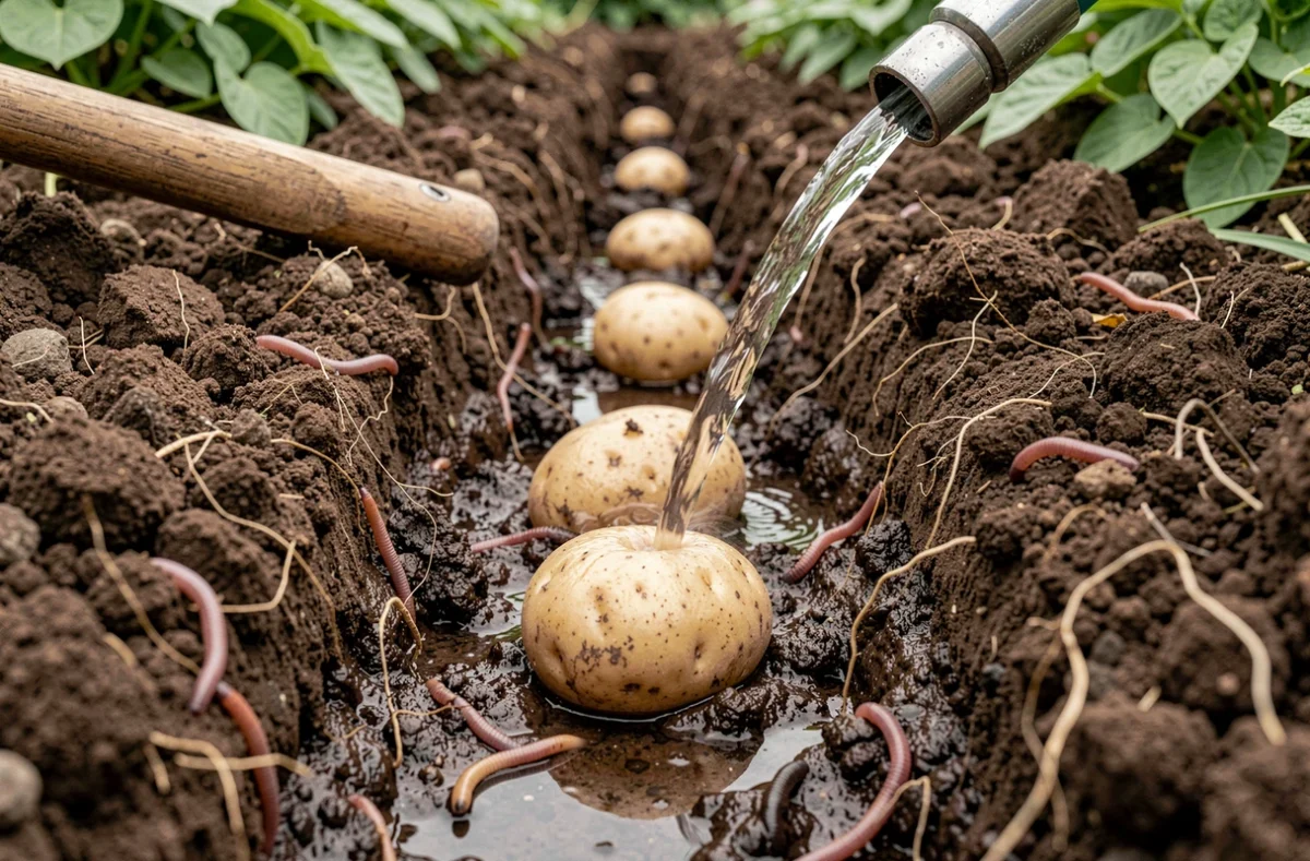 Gros plan sur des plants de pommes de terre en terre humide dans un sillon arrosé au potager