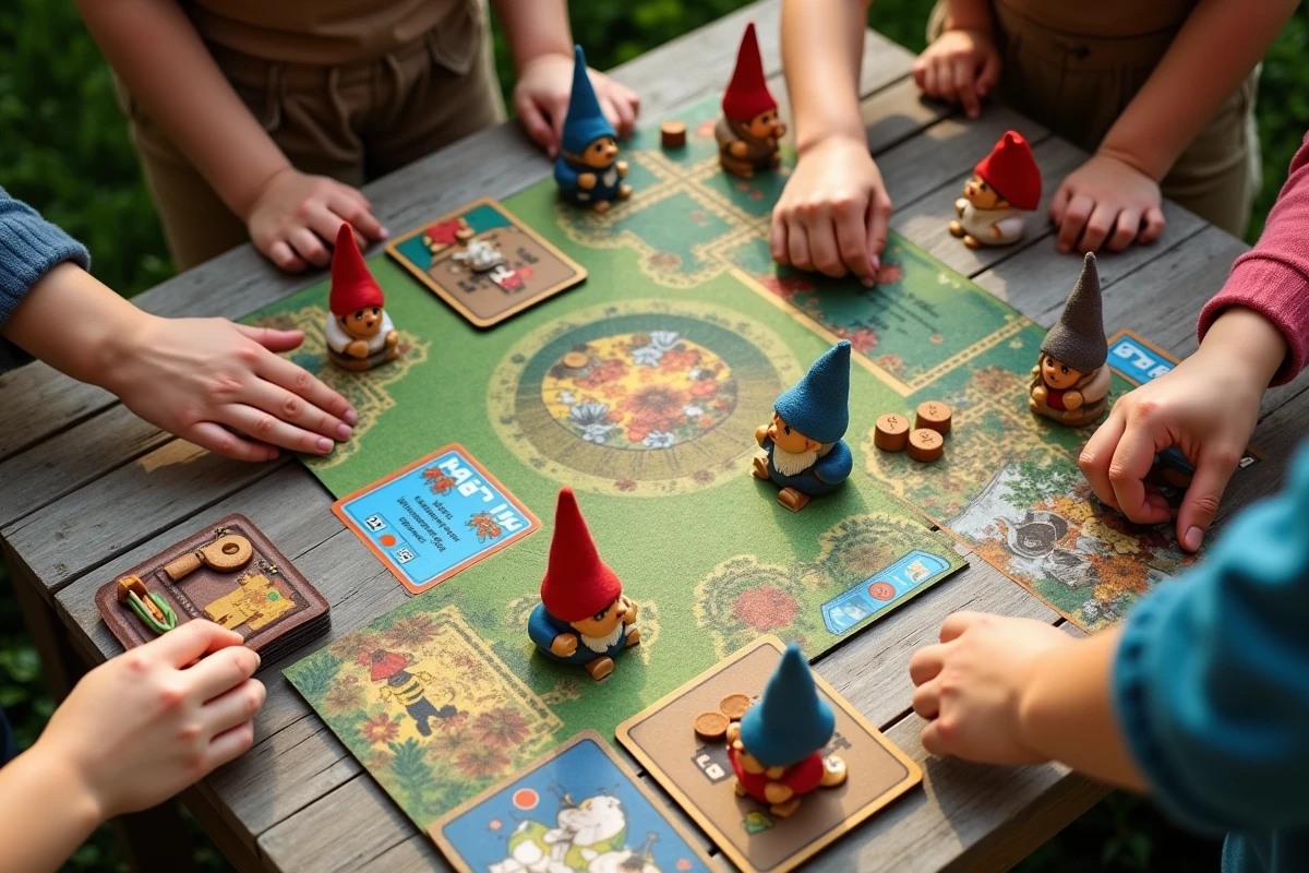 Vue de dessus d'un plateau de jeu coopératif nain de jardin avec figurines colorées et mains de joueurs autour de la table