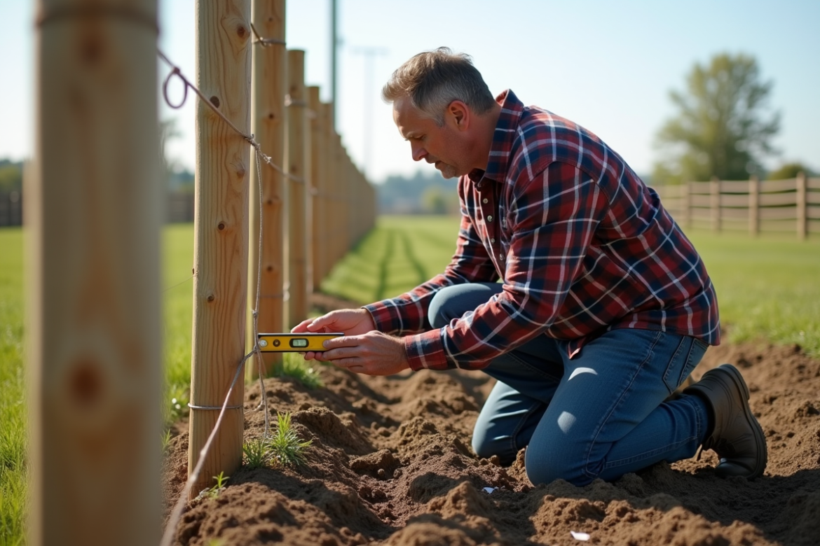 Homme mesurant la clôture en plein air dans un jardin rural