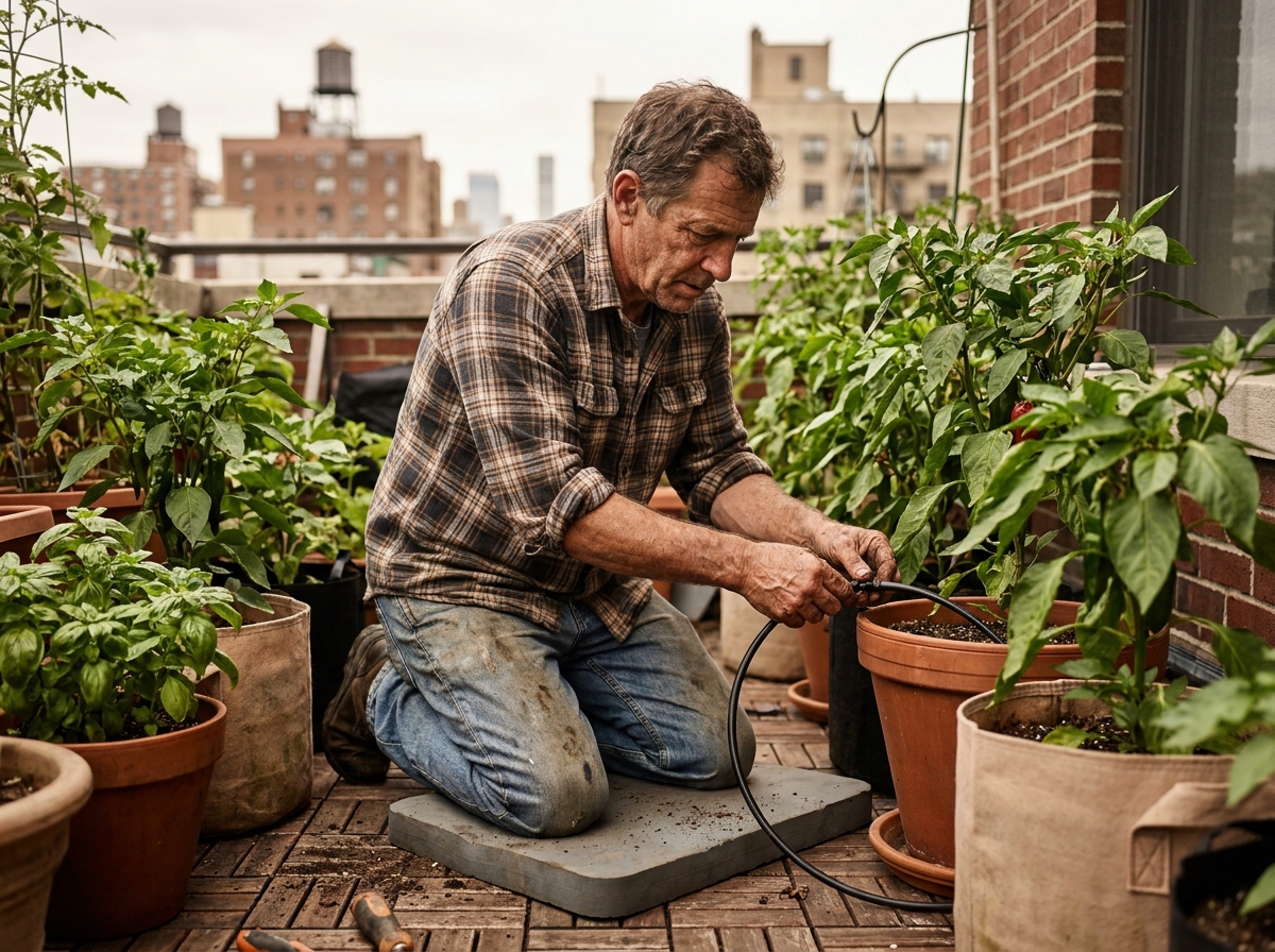 Homme installant un système d'irrigation goutte-à-goutte dans un potager urbain sur balcon avec des pots en terre cuite