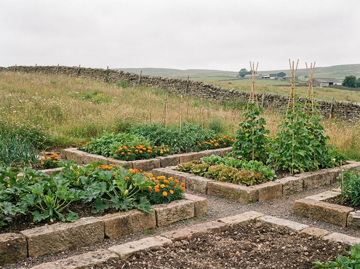 Vue large d'un potager organisé en carrés avec cultures associées et bordures en pierre dans un jardin de campagne