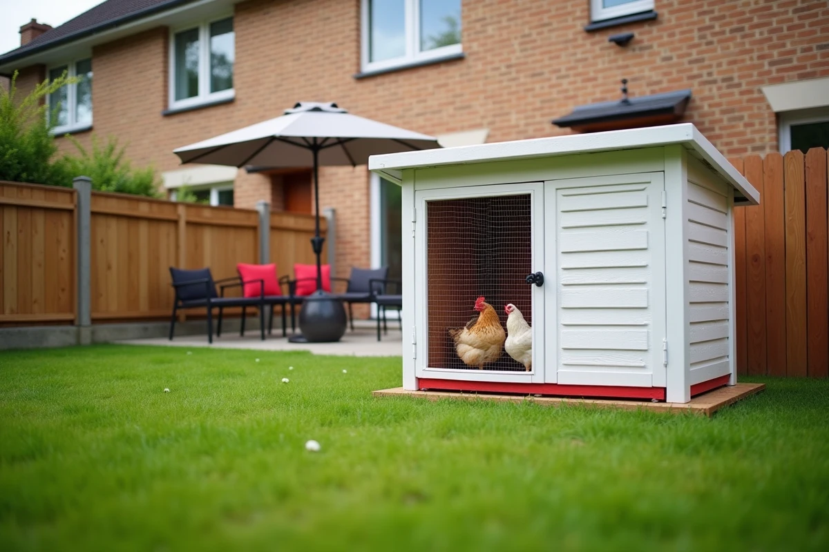 Poulailler préfabriqué moderne dans un jardin de maison de banlieue française avec des poules visibles à l'intérieur
