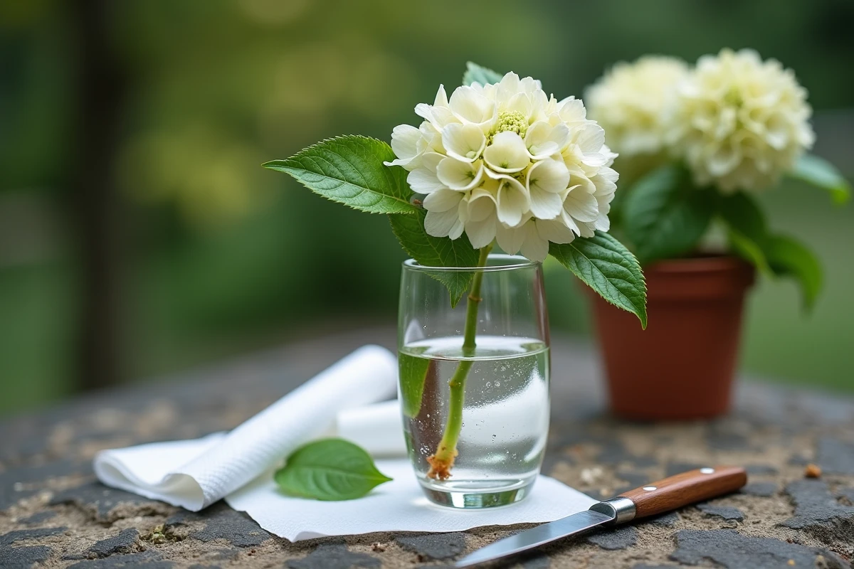 Bouture d'hortensia dans un verre d'eau montrant des signes de pourrissement de la tige sur une surface en pierre