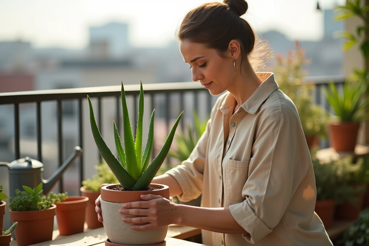 Femme préparant son aloe vera avant les vacances en humidifiant le substrat autour du pot sur un balcon