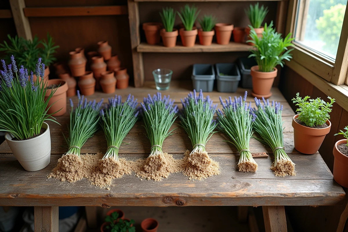 Boutures de lavande préparées sur une table de rempotage en bois avec pot en terre cuite et substrat de bouturage