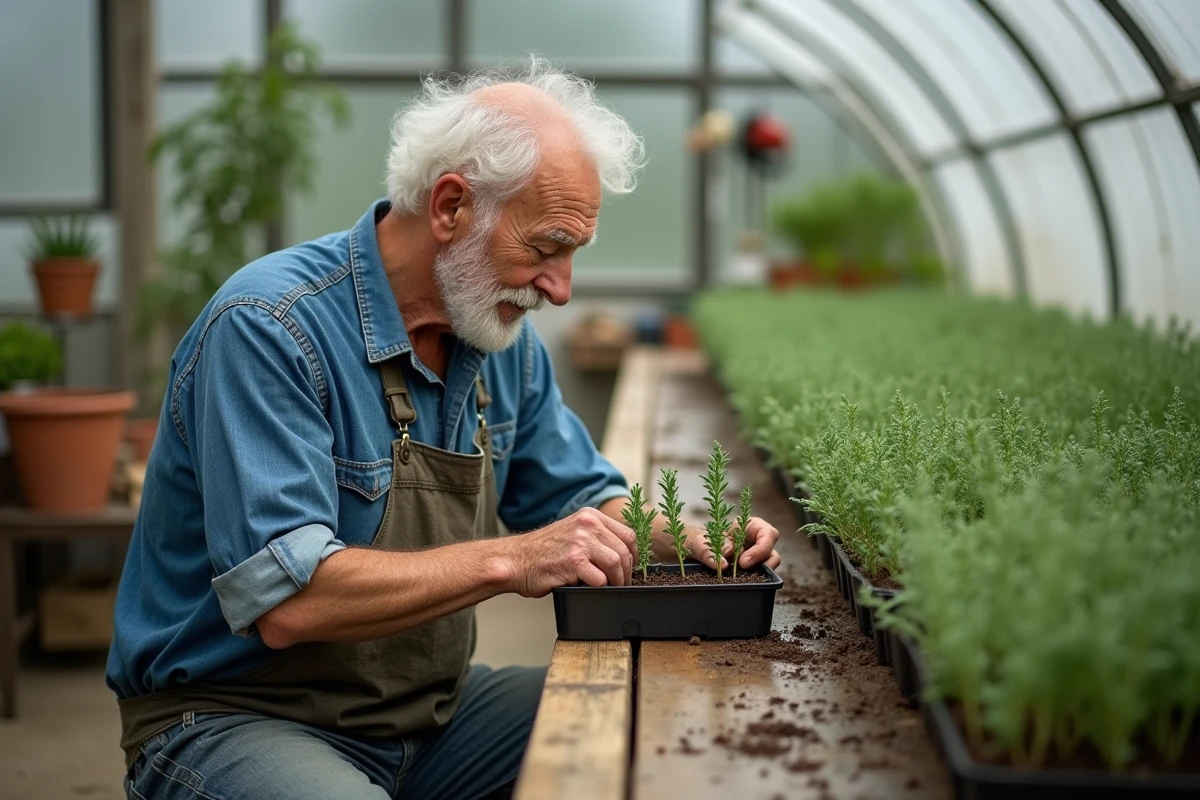 Homme préparant des boutures de sauge dans une serre lumineuse