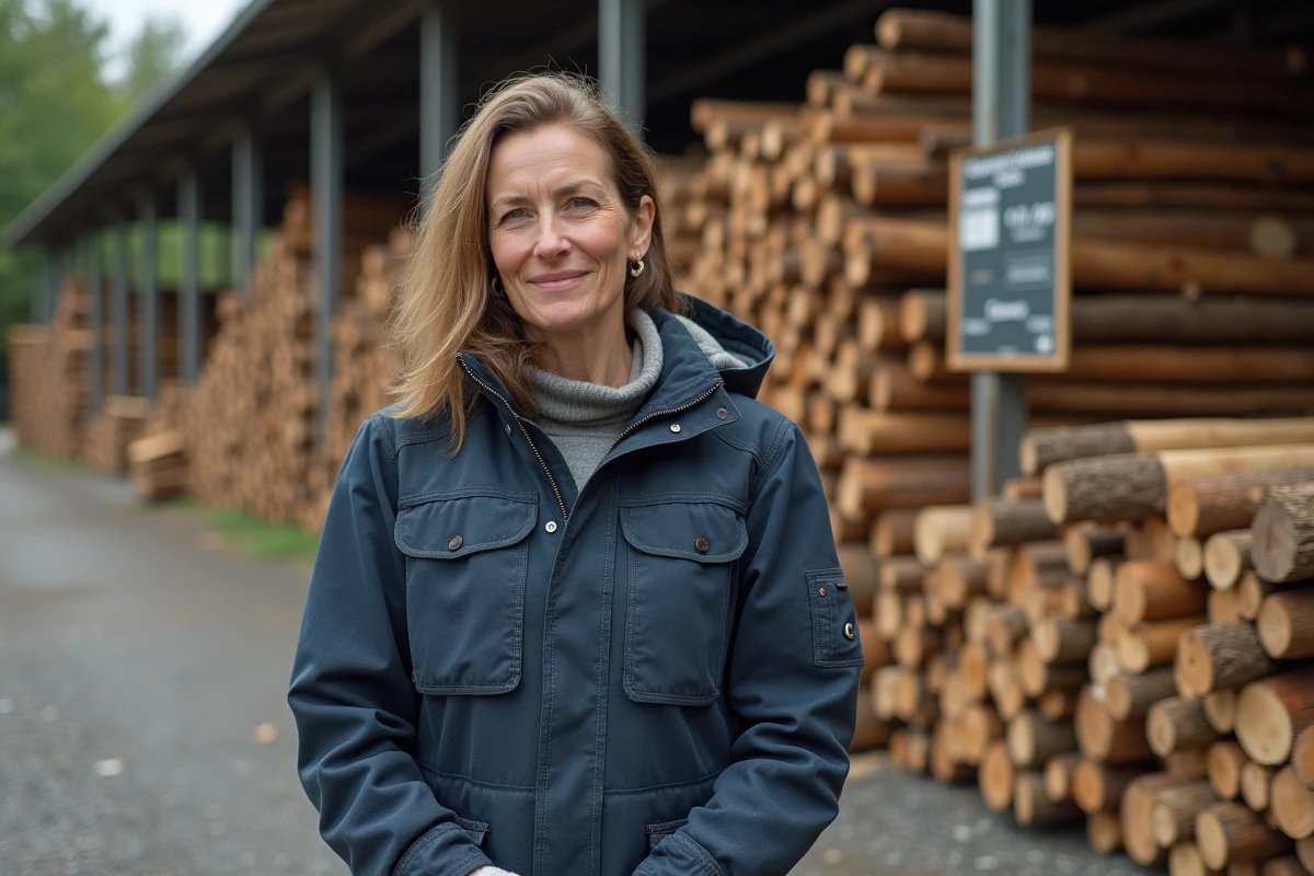 Marchande de bois debout devant un stock de chêne en mètres cubes dans un entrepôt extérieur