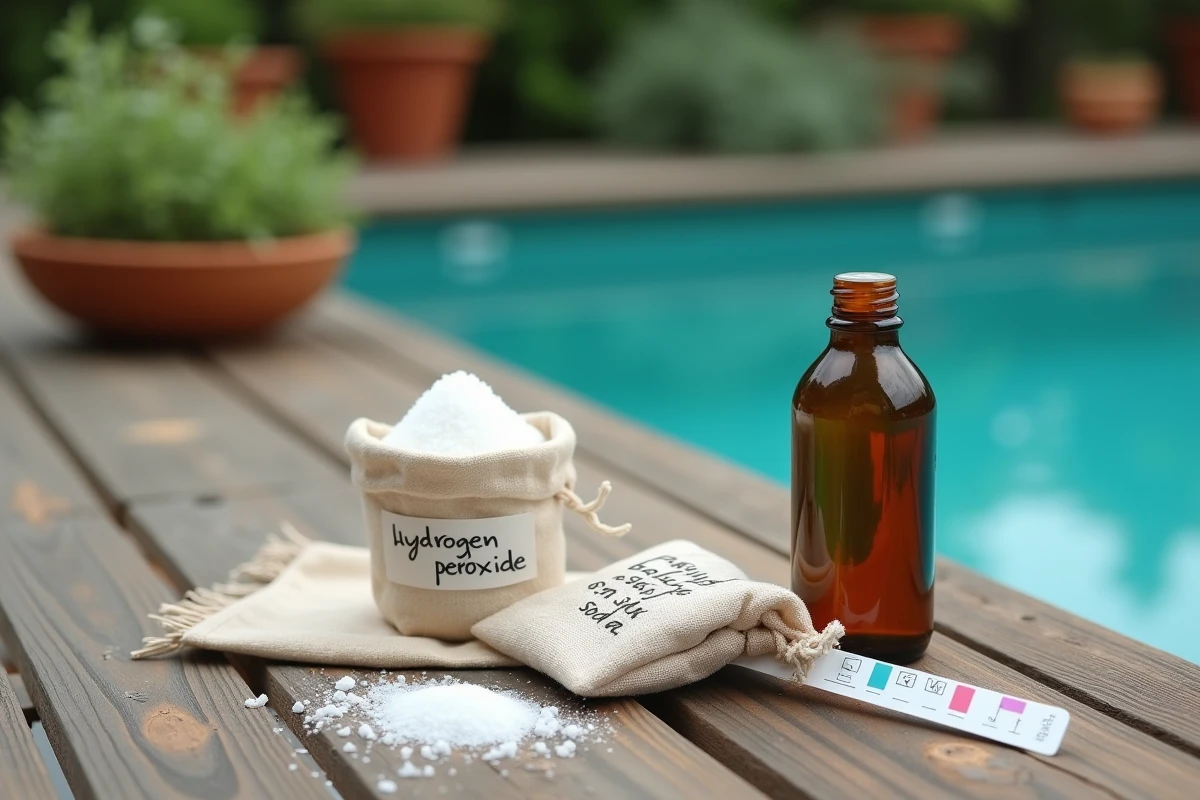 Produits naturels pour traiter une piscine verte disposés sur une table de jardin