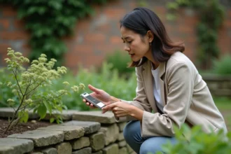 Professeure de biologie utilisant l'application PlantNet sur smartphone pour identifier une plante dans le jardin pédagogique de son école
