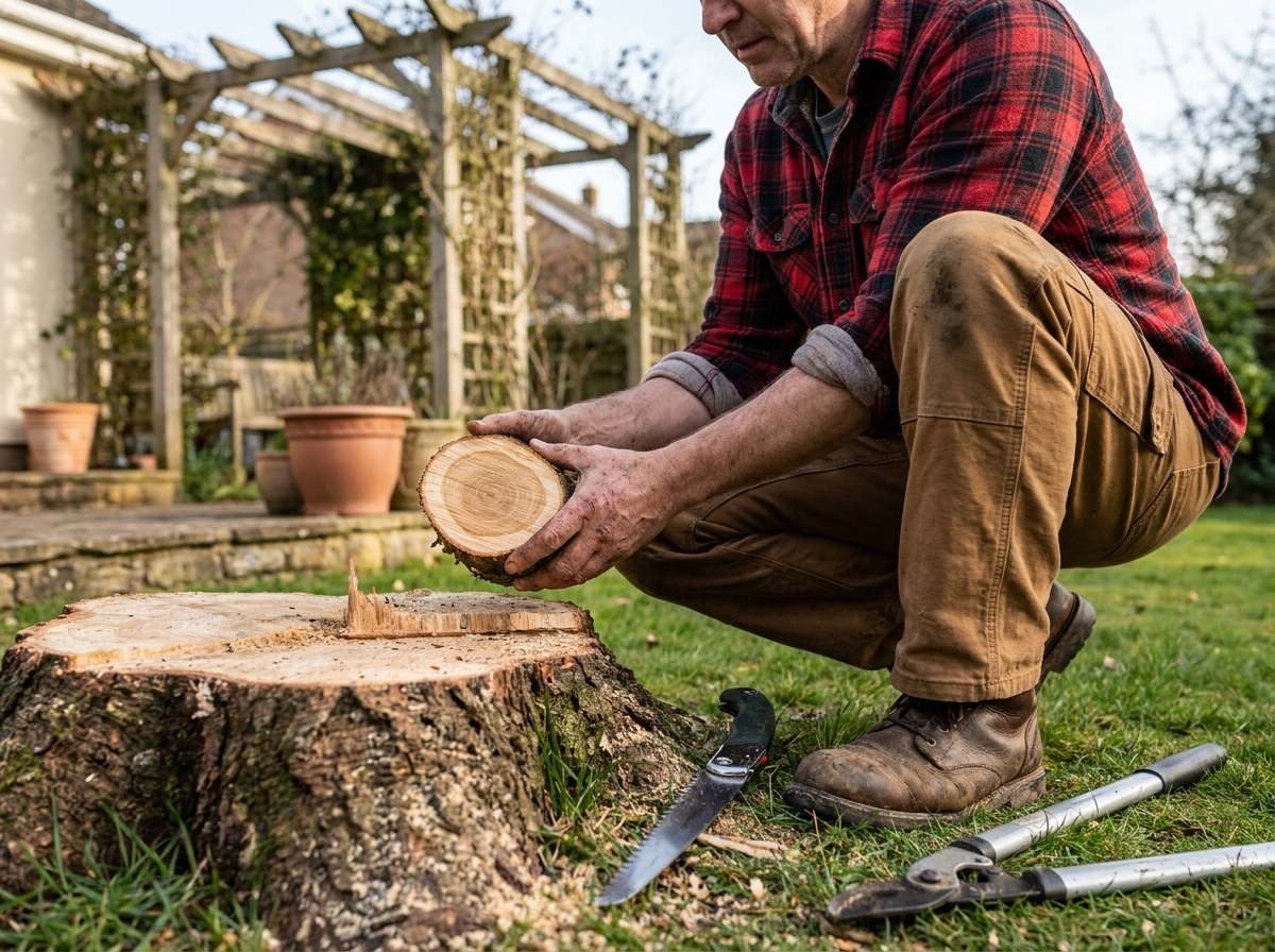 Propriétaire jardin examinant branche coupée tronçon arbre élagage outils manuels