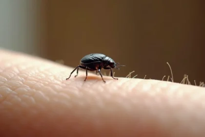 Gros plan hyper-réaliste d'une petite puce noire sur un avant-bras humain, montrant les détails de l'insecte sauteur à traiter