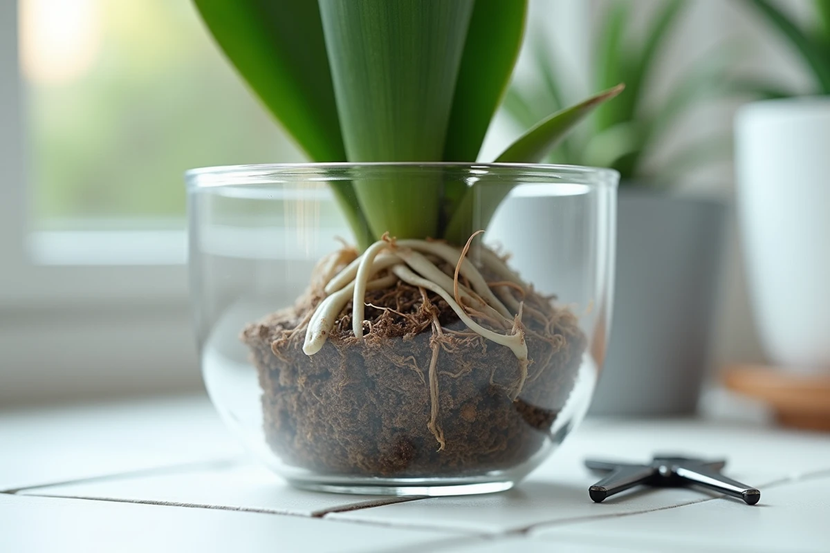 Gros plan sur les racines d'une orchidée visibles dans un pot transparent avec des marques de taille récente et un sécateur posé à côté