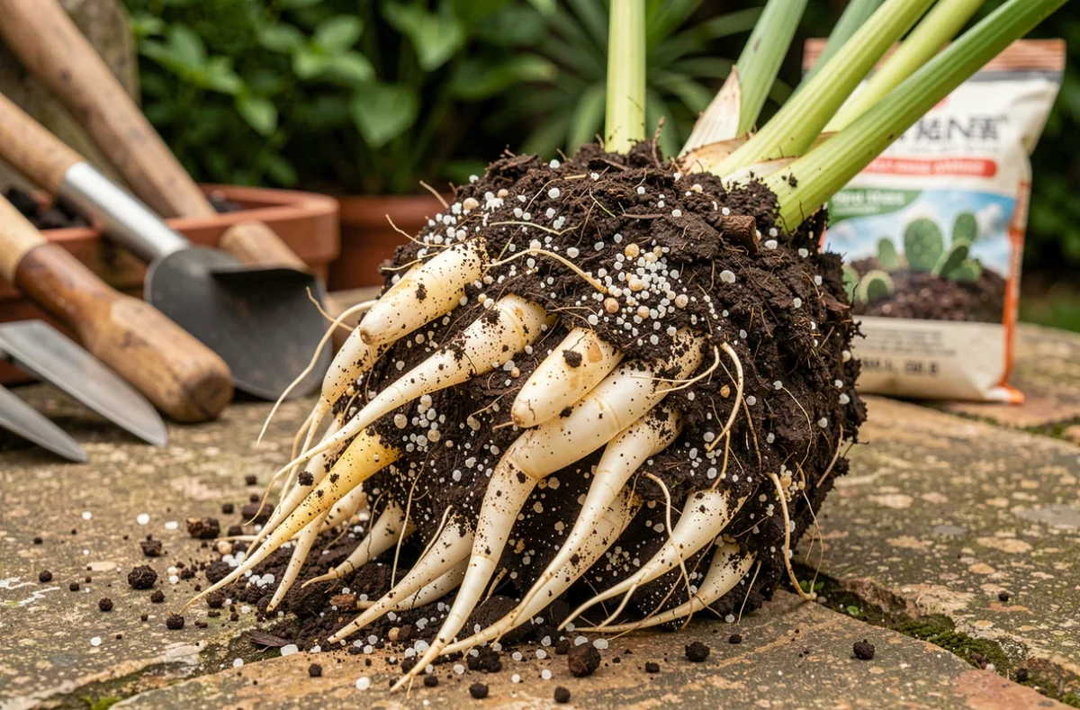 Gros plan sur les racines charnues d'un yucca et le substrat drainant composé de sable et perlite