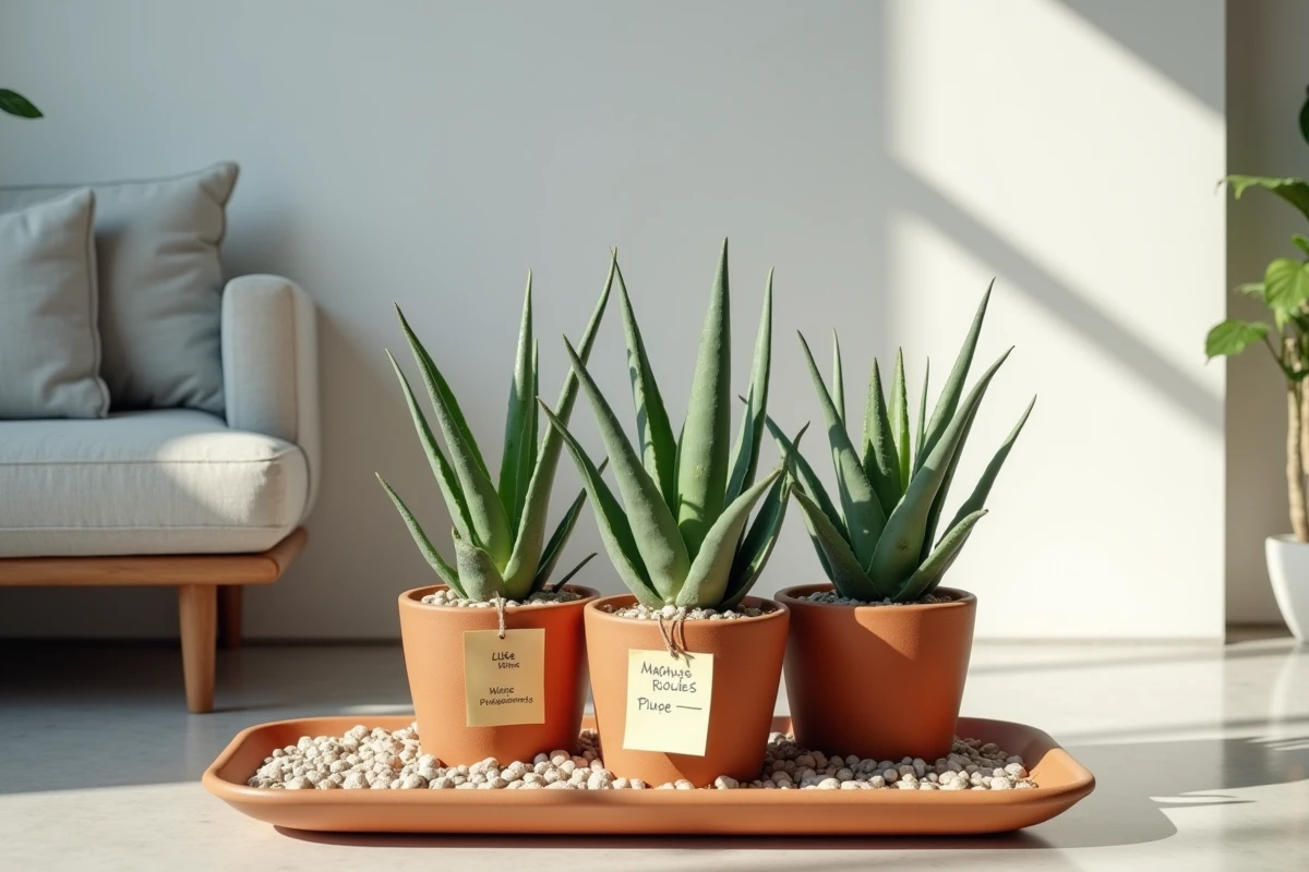 Groupe d'aloe vera regroupés dans un bac de sable et galets dans un appartement, technique pour maintenir l'humidité pendant les vacances