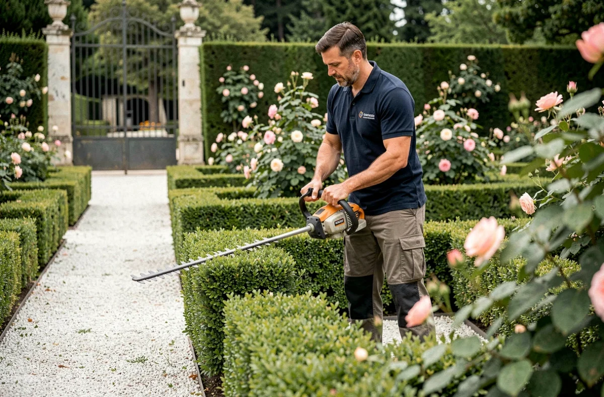 Professionnel de Rémi Espaces Verts taillant une haie de buis le long d'une allée de gravier dans un jardin formel du Languedoc