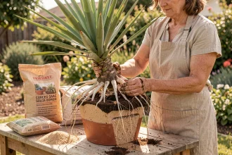 Femme rempotant un yucca dans un mélange de terre sablonneuse et perlite dans un pot en terre cuite au jardin