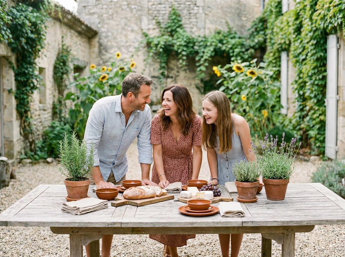 Famille prenant un déjeuner convivial autour d'une table en bois dans un jardin à la française avec mur en pierre et tournesols