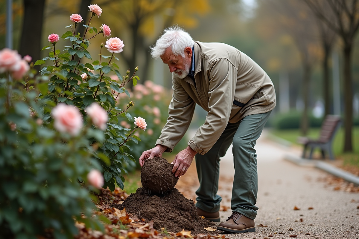 Homme âgé arrachant un rosier dans un parc public