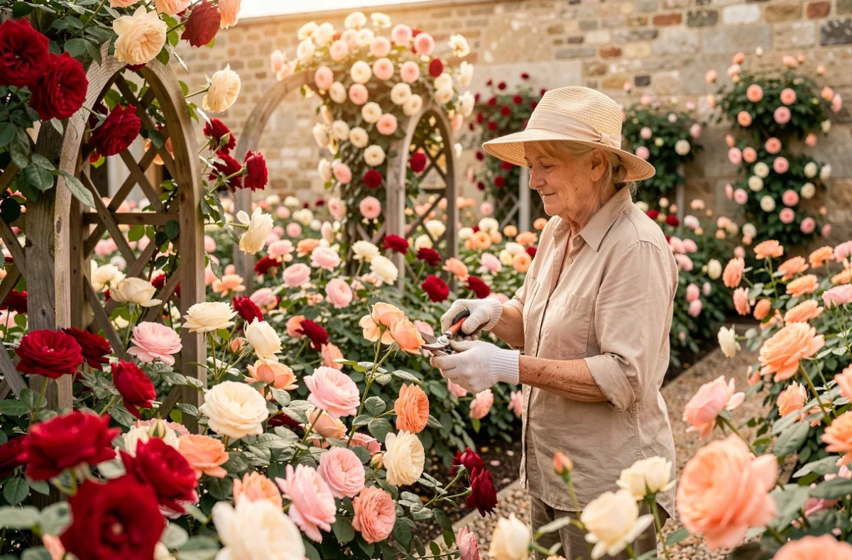 Allée de rosiers en fleurs aux couleurs variées dans la Roseraie de la Devise en Charente-Maritime