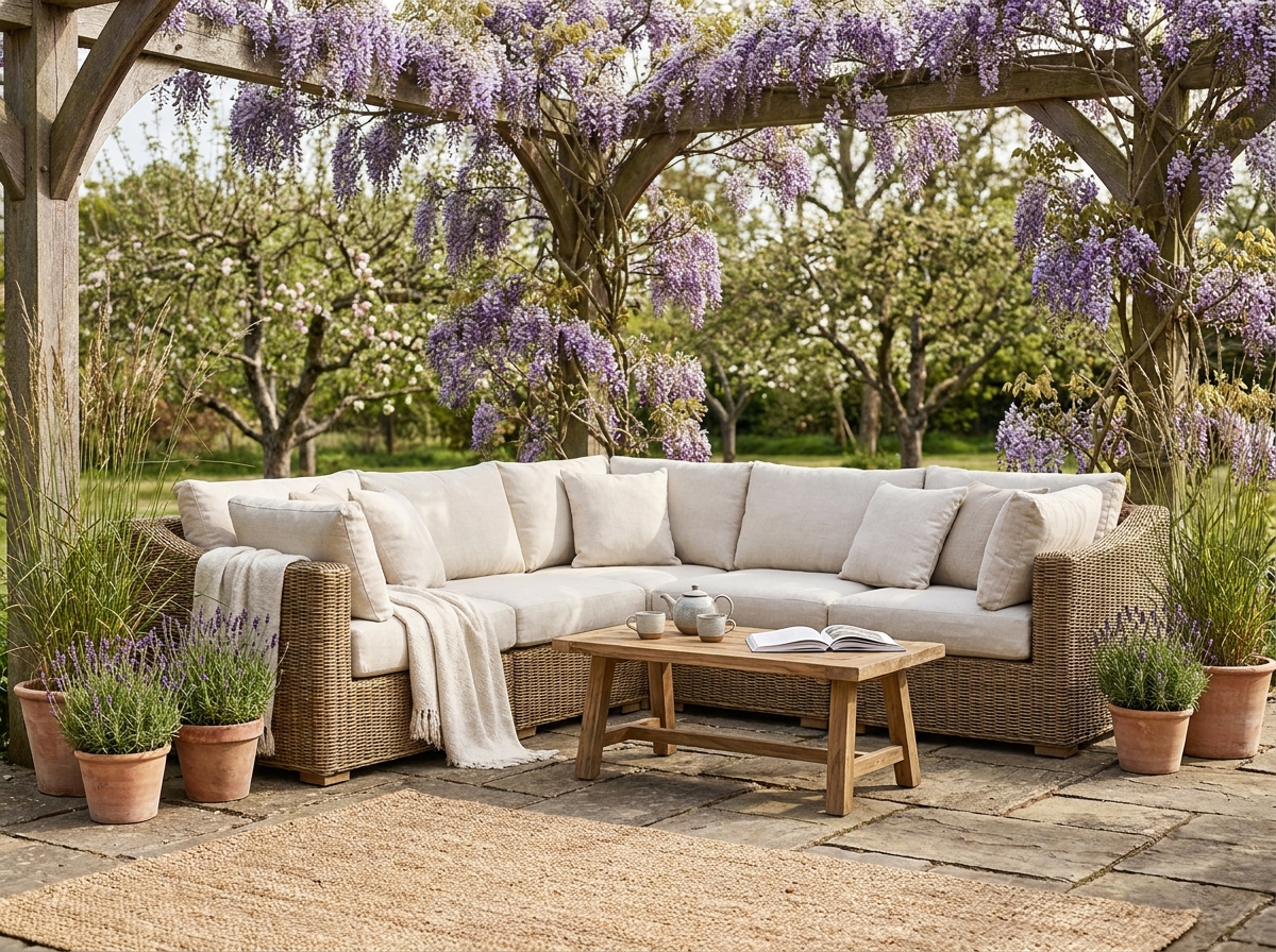 Salon de jardin extérieur avec canapé en rotin, pergola couverte de glycine et plantes méditerranéennes dans un jardin privé