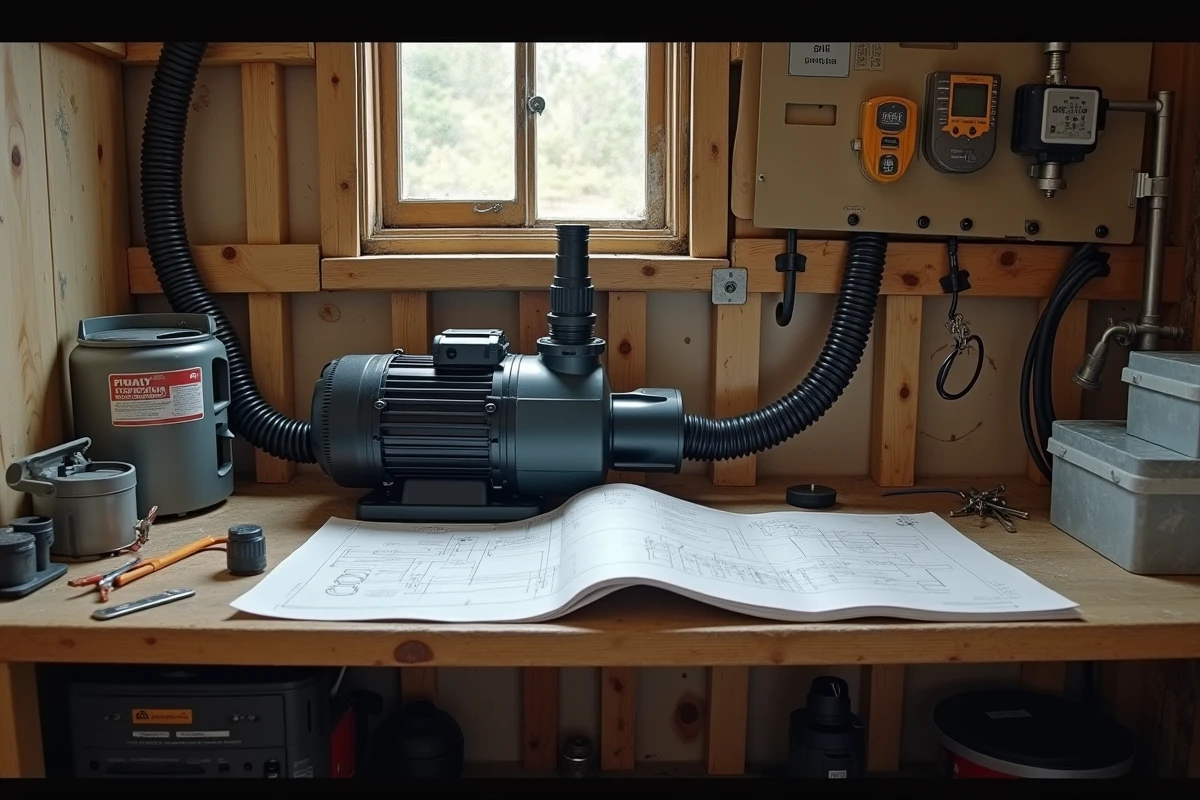 Vue d'ensemble du schéma de câblage électrique complet d'une pompe de piscine Intex sur un établi dans un atelier de jardin