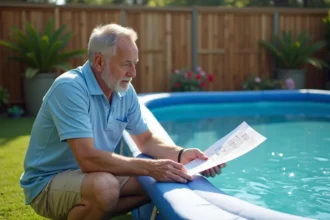 Homme examinant le schéma d'installation d'une pompe de piscine Intex dans un jardin résidentiel