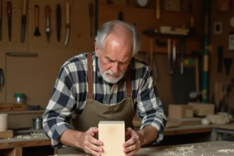 Sculpteur sur bois examinant un bloc de bois tendre en atelier, comparaison des essences de bois pour la sculpture