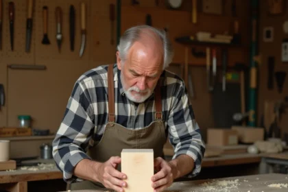 Sculpteur sur bois examinant un bloc de bois tendre en atelier, comparaison des essences de bois pour la sculpture
