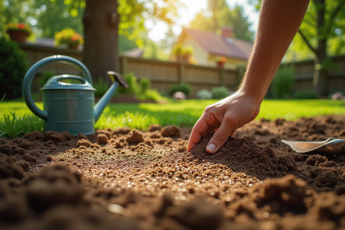 Personne semant des graines dans un jardin ensoleille avec outils