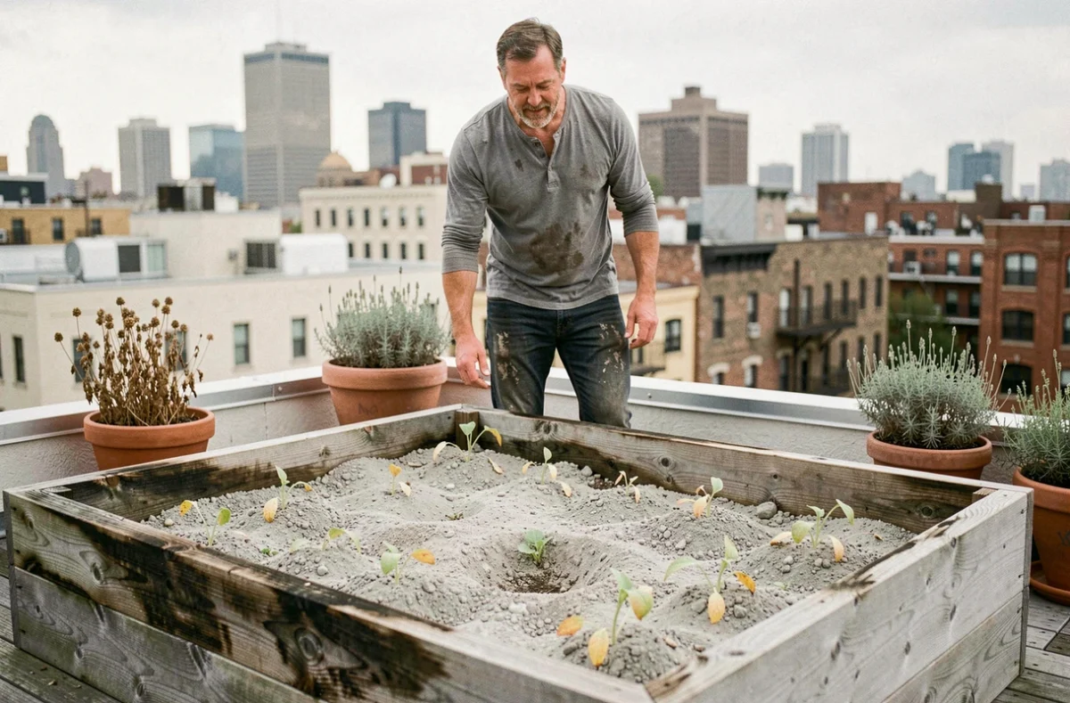 Homme jardinier constatant un sol appauvri dans un potager en carré urbain en permaculture avec des plants chétifs