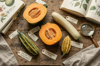 Spécimens de cucurbitacées arrangés sur une table de botaniste avec étiquettes latines et loupe