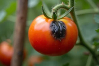 Tomate mûre sur pied présentant une tache noire caractéristique au cul de tomate, symptôme de carence en calcium dans un jardin potager