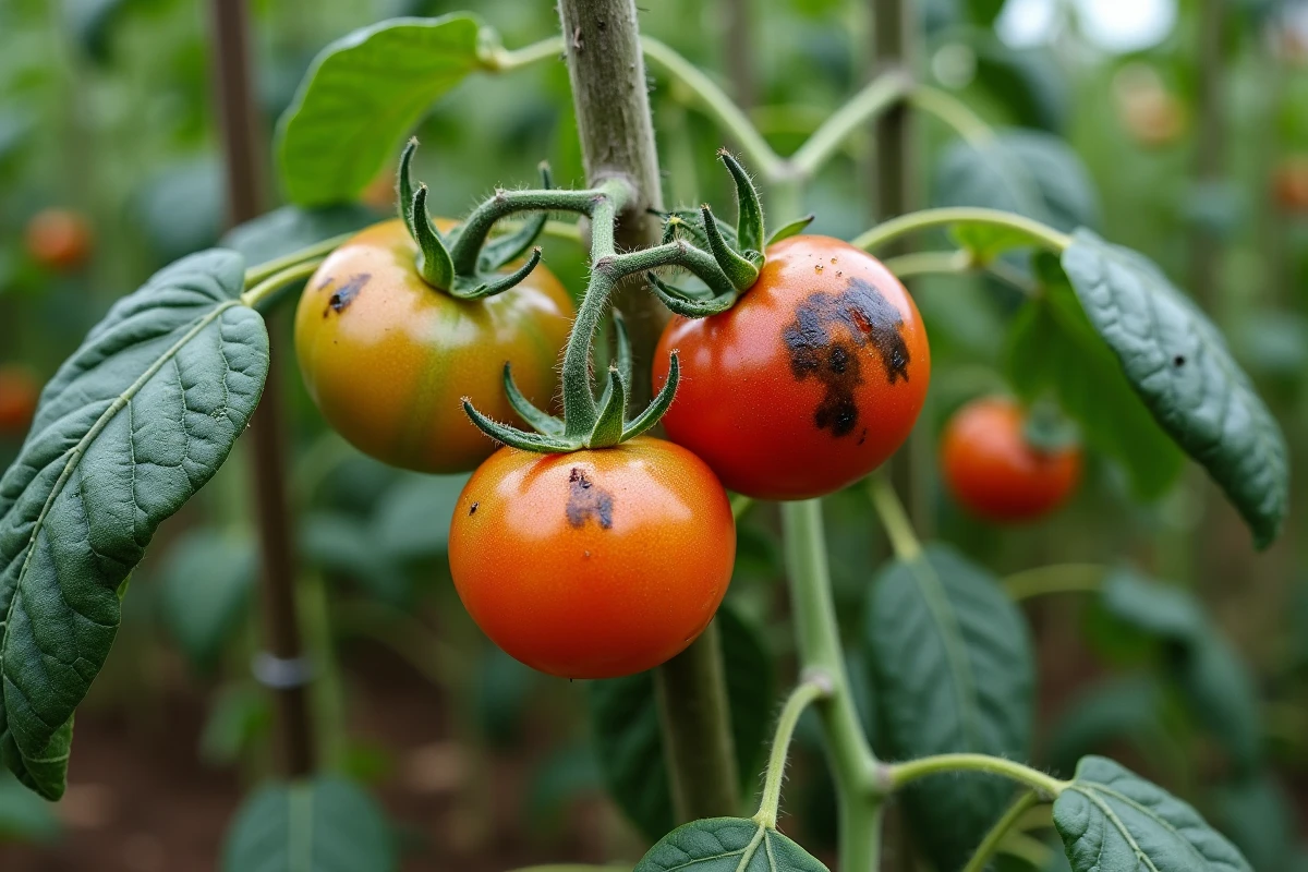 Plant de tomates en plein air avec des feuilles et des fruits présentant des taches fongiques concentriques et des lésions brunes caractéristiques de maladies cryptogamiques