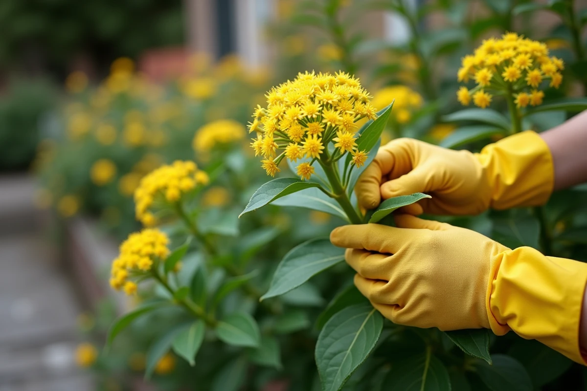 Mains en gants taillant une branche de waxflower en extérieur