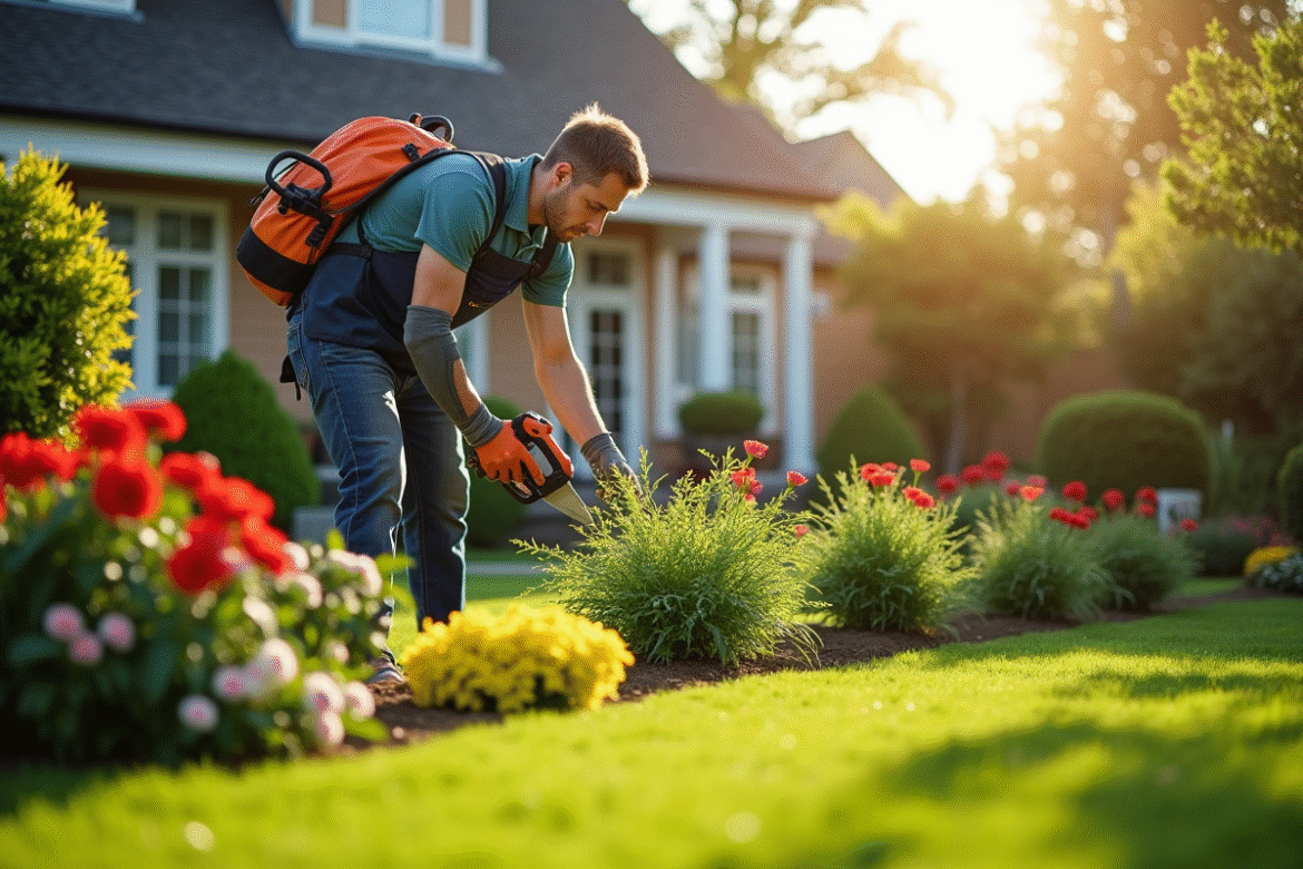 Jardinier taillant des arbustes dans un jardin bien entretenu