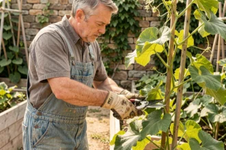 Jardinier en train de tailler les tiges d'un melon charentais dans un potager ensoleillé