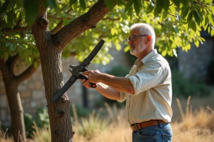 Homme taillant un mûrier dans un jardin ensoleillé au printemps pour préparer l'arbre aux chaleurs estivales