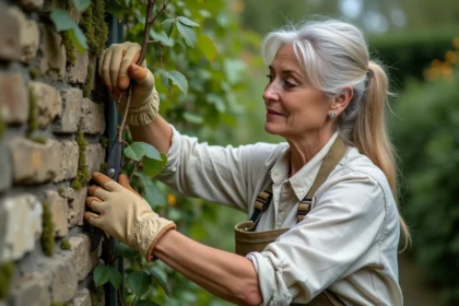 Femme taillant un rosier grimpant avec un sécateur dans un jardin en pierre, gants de jardinage beiges