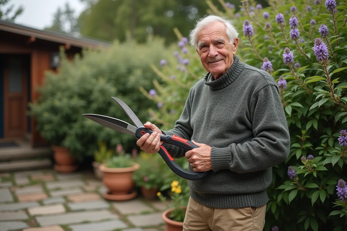 Homme taillant une salvia avec des sécateurs dans le jardin