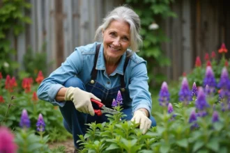 Femme taillant une salvia dans le jardin avec soin