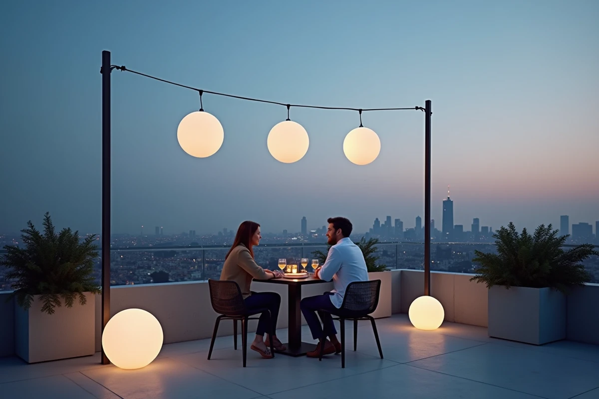 Terrasse rooftop urbaine avec guirlandes de boules lumineuses sphériques et vue sur les toits de la ville en soirée d'été