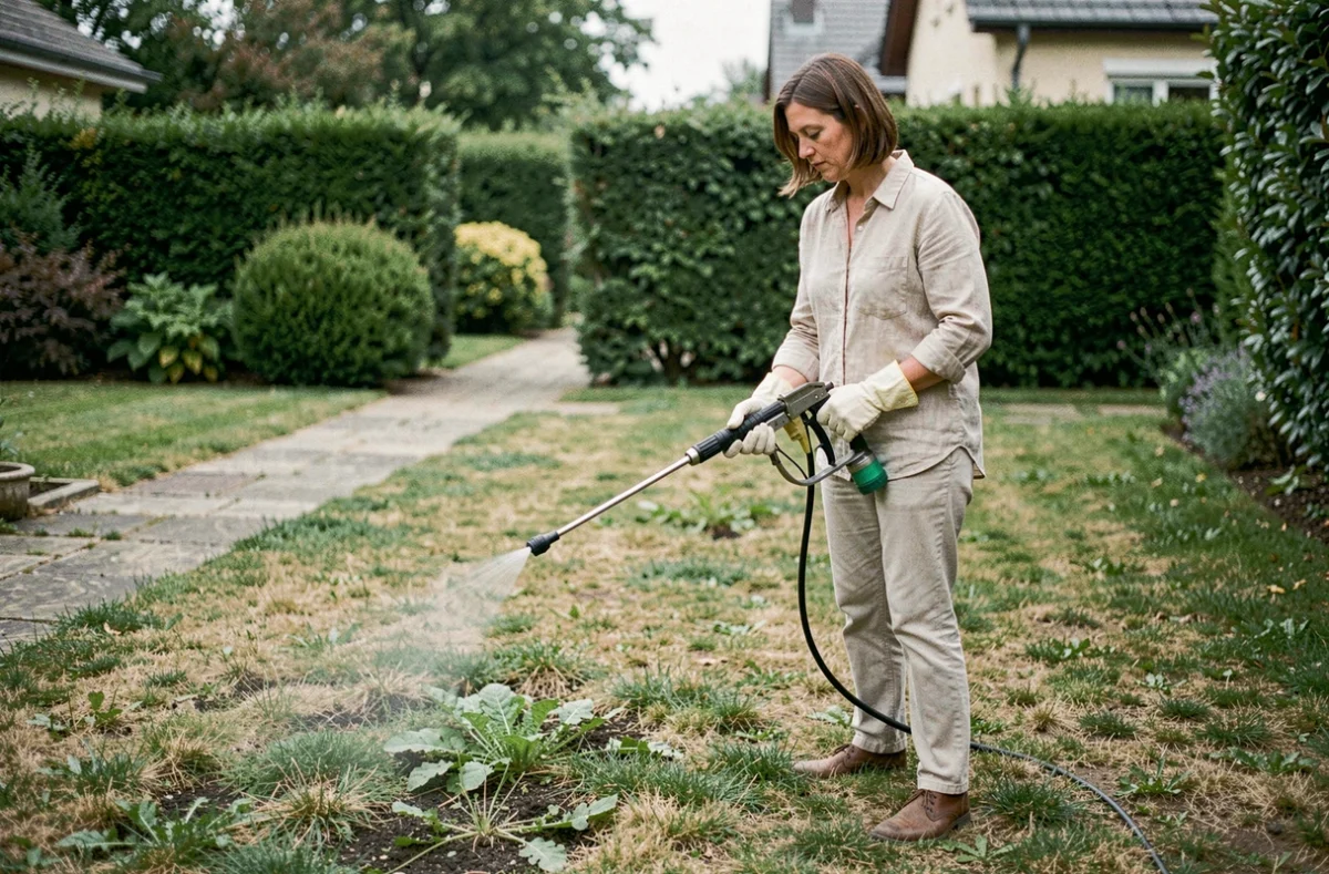 Femme appliquant un traitement sélectif herbicide sur une pelouse envahie par les mauvaises herbes résistantes