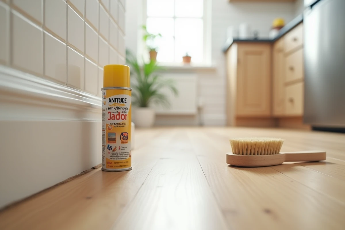 Sol de cuisine avec spray insecticide anti-puces et brosse pour éliminer les petites bêtes noires sauteuses
